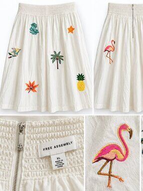 Ivory Embroidered Tropical Midi Skirt Collage